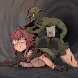 ass bald balls big_breasts blood bodily_fluids bottomwear breasts brown_cape brown_clothing cape clothing crying dress eyewear female genitals glasses goblin goblin_slayer green_body green_clothing green_dress green_eyes green_skin hair hair_grab hi_res human interspecies interspecies_rape light_body light_skin loincloth long_nose male male/female mammal mayo_(artist) not_furry pointy_ears rape red_body red_skin scar tears teeth touching_hair wizard_(goblin_slayer) wounded yellow_eyes