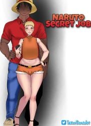 2boys alternate_body_type big_hips blonde_hair blush boruto:_naruto_next_generations cheating cheating_husband dark-skinned_male dorutoart femboy gay implied_cheating jeans male_only monkey_d_luffy naruto naruto_(series) one_piece red_shirt shorts size_difference smile unseen_male_face uzumaki_naruto