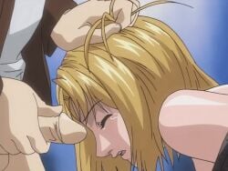 00s 1boy 1girls 2002 animated anime_screenshot bible_black bible_black_gaiden blonde_hair blue_eyes closed_eyes eyelashes fellatio female forced hand_on_another's_head irrumatio kitami_reika oral penis rape saliva straight tagme tears uncensored veins veiny_penis