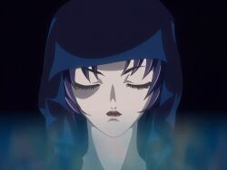 00s 1girls 2002 animated anime_screenshot basement bible_black bible_black_gaiden cloak female hood kozono_nami lipstick makeup purple_hair ritual robe smile tagme yellow_eyes