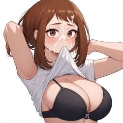 big_breasts brown_eyes brown_hair civilian_clothes human lifted_by_self lifting_shirt my_hero_academia ochako_uraraka stripping teasing white_skin