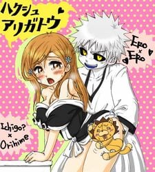 1girls 2boys bleach female hollow hollow_ichigo ichigo_kurosaki inoue_orihime kon male table zangetsu