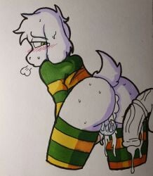 absurd_res after_sex anthro asriel_dreemurr ass ball_size_difference balls big_balls big_butt big_penis blush bodily_fluids bottomless bottomless_male bovid breath caprine clothed clothing cum cum_in_ass cum_inside flaccid genital_fluids genitals goat hi_res justsomeidiotonline leaking_cum legwear looking_back male mammal pattern_clothing pattern_legwear pattern_stockings pattern_sweater pattern_topwear penis penis_size_difference small_balls small_penis solo stockings striped_clothing striped_legwear striped_stockings striped_sweater striped_topwear stripes sweat sweatdrop sweater tears thick_thighs topwear undertale undertale_(series)