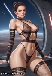 ai_generated big_breasts cameltoe erect_nipples female fishnet_stockings fishnets huge_hips looking_at_viewer nipples passion_ai rey rey_(star_wars) seductive seductive_look seductive_smile sexy_pose star_wars stockings thong