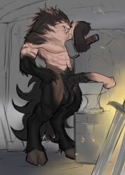 absurd_res animal_genitalia animal_penis anthro anvil bai_(laobai) balls big_balls big_penis bodily_fluids canid claws demon dewclaw digitigrade dripping embers equine_genitalia equine_penis excessive_genital_fluids excessive_precum fangs flared_penis genital_fluids genitals hi_res hooves hybrid laobai leaning looking_at_viewer male mammal melee_weapon penis precum precum_drip solo sword teeth weapon