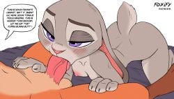 absurd_res ahe_gao all_fours anthro ass balls blush breasts canid canine dialogue disney duo ears_back ears_down fellatio female flat_colors fox foxify genitals hi_res judy_hopps lagomorph leg_grab leporid looking_pleasured male male/female mammal nick_wilde oral oral_penetration penetration penile penis pivoted_ears rabbit raised_tail sex tail tongue tongue_out wide_hips zootopia