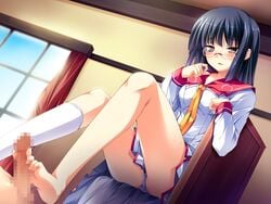 barefoot black_hair censored embarrassed feet footjob footwear glasses long_hair socks soles toes white_legwear white_socks