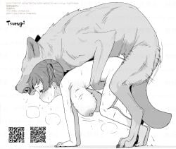 1boy all_fours artist_name barefoot blush bouncing_breasts breasts commentary_request completely_nude english_text female half-closed_eyes interspecies large_breasts miyauchi_hina monochrome muchigaku nipples nude open_mouth paid_reward_available scratches sex short_hair short_twintails straight sweat tsurugi_(the_horizon) twintails wolf zoophilia