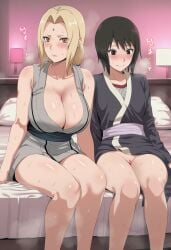 2girls ai_generated ass bedroom big_ass black_hair blonde_hair blush bottom_heavy bottomless breast_size_difference breasts cleavage feet female female_only huge_ass kimono light-skinned_female light_skin lipstick long_hair looking_at_viewer loose_hair makeup mature_female medium_breasts milf mostly_nude naruto naruto_(series) naruto_shippuden naughty_face nipples no_bra no_panties nude_female on_bed pale-skinned_female pale_skin partially_clothed presenting presenting_pussy pubic_hair puffy_nipples pussy shizune shoulder_length_hair sitting sitting_on_bed solo solo_focus spread_legs take_your_pick thick_thighs thighs tsunade very_long_hair viewed_from_below voluptuous voluptuous_female zoo_(tonkotsu_ramen)