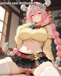 1boy1girl 1girls ahoge ai_generated animal_ears balls bare_shoulders belly_button belt big_ass big_balls big_breasts big_butt big_dick big_penis big_thighs black_skirt blush bottomless braid braids breasts clitoral_hood clitoris cock cow_ears cow_girl cow_horns cowgirl_position crop_top curvy cute cute_face detached_sleeves dick ear_tag enticing erection female female_focus genshin_impact grin hair_ornament horns horny hoyoverse indoors large_breasts long_hair long_sleeves looking_at_viewer miniskirt multicolored_hair nail_polish navel no_panties nude pale-skinned_female pale_skin penis pink_hair pleated_skirt pov pretty_face pretty_woman pussy pussy_juice pussy_lips red_belt revealing_clothes sex sexy skirt smile spread_legs straddling straight sweat sweater sweating tears tempting thick_thighs thighhighs thighs twin_braids uncensored vaginal_fluids vaginal_insertion vaginal_penetration vaginal_sex varesa varesa_(genshin_impact) very_long_hair watermark without_panties