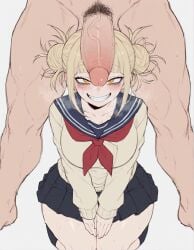 ai_generated astraart heavy_breathing large_breasts large_penis muscular muscular_male my_hero_academia penis_on_head size_difference sweat sweatdrop sweating tagme toga_himiko