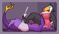 absurd_res anthro ass avian beak belly big_breasts big_butt bird black_body black_feathers bodily_fluids boxers_(clothing) bra breasts clothing countershade_belly countershading cum cum_in_clothing cum_in_underwear cum_through_clothing cum_through_underwear cumshot duo ejaculation eyeshadow facesitting facesitting_in_underwear feathers feet female foot_fetish foot_play footjob footjob_through_clothing genital_fluids genitals grey_boxers grey_clothing grey_underwear gryphon hand_on_wall hi_res hindpaw ikakins kestrel_(ichlamogeneralhukari) looking_at_bulge looking_at_cumshot looking_at_genitalia looking_at_own_foot looking_at_penis makeup male male/female multicolored_body mythological_avian mythological_creature mythology paws penis pink_bra pink_clothing pink_underwear purple_body purple_feathers red_stripes searcy sex sitting_on_another stripes tail talons teal_eyeshadow thick_thighs toes toucan two_tone_body underwear wet wet_clothing wet_underwear white_body white_feathers yellow_eyeshadow