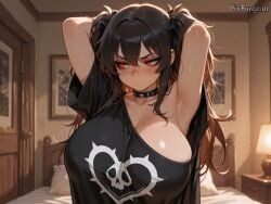 ai_assisted ai_generated armpit_fetish bedroom big_breasts clothing freckles gothic oversized_shirt