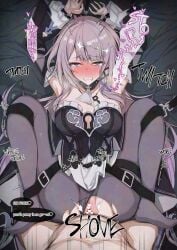 1boy adversarial_noise arms_up bar_censor bare_shoulders black_dress blush breasts censored chains cleavage clothing_aside commentary_request dress english_text female grey_hair heart heart_censor herta_(honkai:_star_rail) highres honkai:_star_rail honkai_(series) large_breasts lying mashicono missionary on_back panties panties_aside pantyhose penis pussy pussy_juice restrained rolling_eyes sex solo_focus straight strapless tears the_herta_(honkai:_star_rail) torn_clothes torn_pantyhose trembling underwear vaginal_penetration variant_set