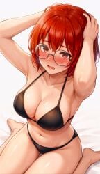anime armpits arms_up bare_shoulders bed_sheet big_breasts bikini black_bikini blush bob_cut busty censored cleavage curvy ecchi embarrassed exhaustion eyewear female glasses hands_on_head heat heavy_blush high_angle huge_breasts kneeling lollololli looking_at_viewer midriff navel oiled_skin on_bed open_mouth oppai red_eyes red_hair revealing_clothes round_glasses shiny_skin short_hair shy simple_background sitting soft_body solo stomach string_bikini summer sweating sweaty sweaty_skin swimwear tagme thick thighs voluptuous wet_skin white_background white_sheet