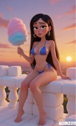 1girls 3d ai ai_art ai_generated artist_logo artist_name belly_button bikini black_eyebrows blue_bikini bluesky_link breasts brown_eyes cotton_candy dark_hair earrings eyelashes female female_focus female_only long_hair looking_at_viewer marshmallow medium_breasts navel original original_character quinzo11 self_upload sitting sitting_female sun sunset syra_syrup_(quinzo)