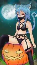 1girls after_murder black_socks blood_stain breasts cat_ears cat_girl cat_tail face_mask female female_focus female_only full_moon halloween halloween_pumpkin halloween_theme harness killer knife legs looking_at_viewer moon murderer night night_sky pumpkin pussy red_eyes socks turquoise_hair vagina