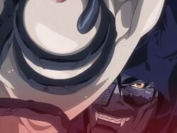 00s 1girls 2002 animated anime_screenshot bible_black bible_black_gaiden breasts cloak demon demon_boy fangs female groping groping_breast hood hoodie implied_rape implied_sex large_breasts nipples smile sweat tagme takashiro_hiroko tentacle yellow_eyes