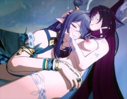 2girls 3d after_sex antlers blender_(software) breasts columbina_(genshin_impact) cuddling deer_antlers deer_girl genshin_impact hand_on_head hoyoverse lauma_(genshin_impact) long_ears long_hair mihoyo nipples passengerlamp petting relaxing resting resting_on_partner size_difference thighs yuri