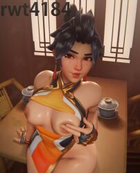 1girls 3d anran areolae asian black_hair blizzard_entertainment breasts_out exposed_breasts female light-skinned_female light_skin looking_at_viewer nipple_tweak nipples no_panties on_table open_clothes overwatch overwatch_2 public_nudity red_eyes rwt4184 sitting sitting_on_table solo table tagme watermark