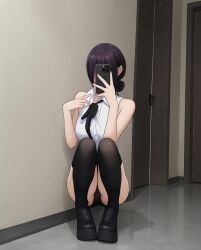 ass black_panties boots button_down_shirt costume covering_face high_thighs medium_breasts mirror_selfie panties purple_hair pussy pussy_peek reze_(chainsaw_man) selfie