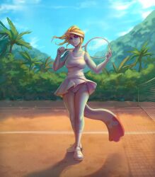 admiralobster blonde_hair blue_body blue_tail bottomwear chimecho clothed clothing female female_humanoid footwear front_view full-length_portrait generation_3_pokemon genitals hair hat headgear headwear hi_res humanoid humanoid_genitalia humanoid_vulva looking_at_viewer mouth_closed nintendo pokemon pokemon_(species) portrait purple_eyes red_tail shoes skirt socks solo standing tail tennis_court tennis_racket topwear vulva white_bottomwear white_clothing white_footwear white_hat white_headwear white_shoes white_skirt white_socks white_topwear