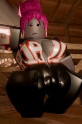 1girls 2026 3d ass bettybloxxer big_breasts black_bodysuit black_clothing black_eyes black_pants black_sleeves blush bodysuit breasts cleavage clothed clothed_female clothing earrings eyebrows female female_only grey_skin guest_(roblox) hair_bun heyits_aaron hoop_earrings indoors lips long_sleeves looking_at_viewer pants pink_hair roblox robloxian sargentakai sleeves solo spread_legs squatting text_on_clothing thick_thighs thighs tight_clothing unzipped unzipped_bodysuit