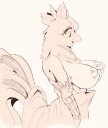 1girls anthro areola avian big_breasts bird breasts chicken clothed clothing drawfruit exposed_breasts feathers female galliform hi_res honhearthy huge_breasts monochrome nipples non-mammal_breasts phasianid raised_tail scales simple_background solo tail tail_feathers topless white_background