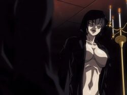 00s 1girls 2002 2girls animated anime_screenshot basement bible_black bible_black_gaiden breasts candlestand cloak female kozono_nami large_breasts lipstick makeup multiple_girls purple_hair ritual robe tagme yellow_eyes