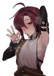 1boy ahoge androgynous armpit_crease armpit_fetish armpit_sweat armpits dark_red_hair feminine_male genshin_impact green_eyes halfbody hoyoverse light-skinned_male looking_at_viewer male male_focus male_only mihoyo mole_under_eye nuntaro_00 shikanoin_heizou showing_armpits sweat sweaty tagme tongue_out white_background