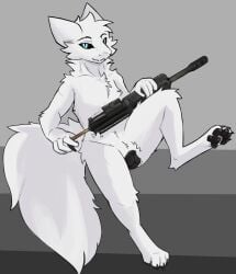 4_fingers 4_toes animal_genitalia animal_vulva anthro bedroom_eyes black_pawpads black_sclera black_vulva blue_eyes canid canine canine_genitalia canine_vulva casualties:unknown claws digital_media_(artwork) digitigrade envoyager feet female fingers fluffy fluffy_tail fur genitals gun gunsaw gunsawian hi_res looking_at_viewer mammal milky_(gunsaw) narrowed_eyes nude pawpads paws presenting presenting_vulva ranged_weapon rifle scav_prototype seductive simple_background sitting solo tail toes vulva weapon white_body white_fur