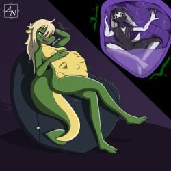 anthro basil_(nova51405) bean_bag belly big_belly black_body black_fur blonde_hair blue_eyes blush bodily_fluids breasts dragon duo female female_pred fur green_body green_scales hair hi_res inside_stomach internal lagomorph leporid long_hair male male/female male_prey mammal mythological_creature mythological_scalie mythology nipples nova51405 nude open_mouth organs rabbit rumbling_stomach scales scalie simple_background sitting size_difference smile sophie_(shyguy9) stomach stomach_acid stomach_bulge tail thick_tail thick_thighs tongue vore white_eyes