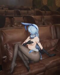 1girls almost_naked alternate_costume ass breasts censored covering_face covering_privates grabbing_own_breast medium_breasts movie_theater no_bra topless topless_female