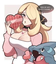 1girls big_breasts blonde_hair blue_eyes blush breasts choker cleavage cynthia_(pokemon) english_text gible hair_over_one_eye heart heart-shaped_box holding jewelry large_breasts long_hair long_sleeves looking_at_viewer open_mouth pokemon pokemon_dppt speech_bubble touyarokii valentine valentine's_day