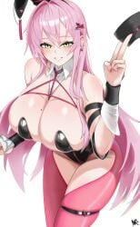 absurdres animal_ears bare_shoulders between_breasts black_leotard black_wrist_cuffs blush bondage breasts commentary ear_piercing earrings envelope fanged_bangs female fingernails goddess_of_victory:_nikke green_eyes grin hair_intakes hair_ornament hairclip heart heart_earrings heart_o-ring highres holding holding_envelope huge_breasts iri_(chansupo_045) jewelry leotard long_hair looking_at_viewer mole mole_on_breast mole_under_eye o-ring o-ring_thigh_strap pantyhose piercing pink_hair pink_pantyhose pink_rope rabbit_ears rope shibari_over_clothes signature simple_background smile solo strap_between_breasts strapless strapless_leotard thigh_strap thighs velvet_(nikke) velvet_(sensual_rabbit)_(nikke) white_background wrist_cuffs