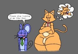 2024 2boys 2d 2d_(artwork) 2d_artwork arms_crossed bigger_male blue_body blush bratti_(gremlingrounded) cat_boy catboy dialog dialogue drooling flaccid flaccid_penis gay gay_male gremlingrounded jerri_(gremlingrounded) lollipop lovedoll_toy_factory male_only mouse_boy orange_body simple_background smaller_male speech_bubble stuffed_animal stuffed_toy sweat text thick_thighs thought_bubble tie