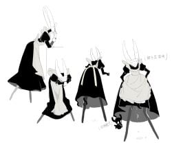 2025 2_horns ambiguous_gender anthro arthropod biped black_body blush blush_lines bodily_fluids bow_ribbon chinese_description chinese_text clothing digital_drawing_(artwork) digital_media_(artwork) dress dripping duo front_view genital_fluids hand_under_chin head_in_hands headdress hi_res holding_clothing holding_dress holding_object hollow_eyes hollow_knight_(franchise) horn leaning leaning_forward long_dress long_legs maid_headdress maid_uniform milktea25424633 multiple_scenes pure_vessel_(hollow_knight) rear_view shadow_creature shaking side_view simple_background team_cherry tentacle tentacle_around_leg text the_knight_(hollow_knight) uniform vaginal_fluid_drip vaginal_fluids vessel_(species) white_background white_eyes white_face