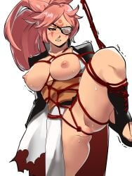1girls areolae arms_behind_back baiken big_breasts black_footwear black_jacket breasts breasts_outside clenched_teeth clothed clothing eyepatch guilty_gear huge_breasts jacket jacket_on_shoulders japanese_clothes kimono large_breasts leg_up long_hair looking_at_viewer nipples one-eyed open_clothes open_kimono parted_lips ponytail popped_collar red_eyes red_hair rope sandals sash scar scar_across_eye shibari skullworms solo spread_legs sword teeth thighs trembling white_border white_kimono