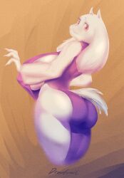 1girls ass big_breasts breasts brown_backround deltarune drawfruit dummy_thiccc fanart honhearthy huge_breasts large_breasts painting side_boob solo tail thicc thick thigh_slit toriel toriel_dreemurr undertale
