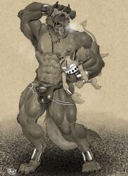 abs absurd_res angry anthro areola balls_outline biceps bodily_fluids bulge canid canine canis carrying_another carrying_partner clothed clothing detailed_bulge digital_media_(artwork) duo ear_piercing ear_ring feet fingers fur genital_fluids genital_outline hair hair_over_eyes hand_on_head hi_res holding_partner horn humanoid humanoid_on_anthro imp larger_anthro male male/male mammal muscular muscular_anthro muscular_male navel nipple_piercing nipples open_mouth pecs penis_outline piercing precum precum_string precum_through_clothing ring_piercing saliva saliva_on_tongue saliva_string simple_background size_difference smaller_humanoid smile spade_tail standing tail teeth thong thong_only toes tongue tongue_out tongue_piercing topless topless_anthro topless_male tush_(artist) tush_(character) underwear underwear_only wet wet_clothing wet_underwear