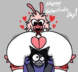 1boy 1boy1girl 2025 2d 2d_(artwork) 2d_artwork big_breasts big_tits bigger_female blue_t-shirt boob_window bowtie breasts_bigger_than_head bunny_girl cat_boy cat_humanoid catboy cleavage clothed clothing feline female gremlingrounded grey_body handkerchief heart heart_eyes hearts_around_head lagomorph lagomorph_humanoid original pink_body poly_(gremlingrounded) rabbit_girl red_bowtie red_skirt scared skirt slug_(gremlingrounded) smaller_male smile stockings t-shirt text thick_thighs valentine's_day white_shirt