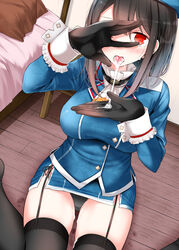 after_fellatio black_gloves black_hair black_panties blue_hat blue_jacket breasts cum cum_in_hands cum_in_mouth cum_on_body cum_on_lower_body cum_on_tongue epaulettes eyebrows_visible_through_hair female garter_straps gloves hand_over_eye hat heart heart-shaped_pupils jacket kantai_collection kneeling large_breasts long_sleeves looking_at_viewer looking_up oouso panties pantyshot pantyshot_(kneeling) red_eyes short_hair sitting solo symbol-shaped_pupils takao_(kantai_collection) thighhighs tongue tongue_out underwear wariza wooden_floor