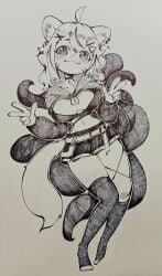 animal_ears blush breasts female hair_ornament hairclip indie_virtual_youtuber large_breasts looking_at_viewer monochrome navel short_hair smile solo squchan_(vtuber) tail thighhighs traditional_media virtual_youtuber vtuber