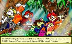 2_tails anthro ass ass_up balls bodily_fluids brother_(lore) brother_and_sister_(lore) butt_slap canid canine corporal_punishment crying dialogue_box discipline domestic_cat dominant dominant_female felid feline felis female forest fox genitals group hand_print male male/female mammal multi_tail on_lap plant punishment raised_tail reddened_butt sibling_(lore) sister_(lore) slap smallmew spank_marks spank_marks_on_ass spanked_butt spanking submissive submissive_male tail tail_grab tears tree true_fox