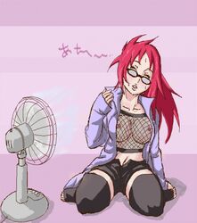 1girls artist_request breasts closed_eyes electric_fan female female_only human naruto nipples oekaki red_hair resized solo straight_hair uzumaki_karin