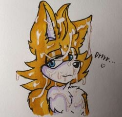 absurd_res anthro bodily_fluids bukkake canid canine cum cum_covered cum_on_face eyeshadow femboy fox genital_fluids half-closed_eyes heart_symbol hi_res justsomeidiotonline looking_aside makeup male mammal messy narrowed_eyes purring red_fox skye_prower smile solo true_fox