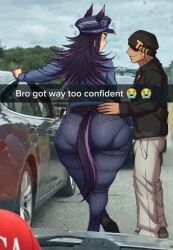 ass big_ass black_hair clothed_female fenomeno_(umamusume) horse_girl huge_ass luckyshazo no_sex pantylines police policewoman text thicc trainer_(umamusume) umamusume umamusume_pretty_derby underwear_outline