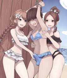 1boy 2girls arms_up bikini black_bikini blue_bikini braid braided_twintails crossdressing erect_penis erection faceless faceless_character faceless_male female femdom grabbing grabbing_penis handcuffed handcuffs hourglass_figure kikiu_bd open_mouth original white_bikini woman