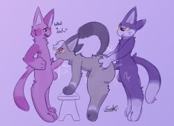 all_fours anal anal_sex animal_crossing anklet_(marking) anthro arm_warmers_(marking) ass blush blush_lines bob_(animal_crossing) bodily_fluids bracelet_(marking) bubble_butt butt_grab closed_eyes cum cum_drip cum_in_ass cum_in_mouth cum_inside dipstick_ears dipstick_tail domestic_cat dripping ear_markings ejaculation english_text felid feline felis fellatio genital_fluids genitals gloves_(marking) group group_sex hair hand_on_butt hands-free humanoid_genitalia humanoid_penis lidded_eyes looking_at_another looking_at_partner looking_at_penetration male male/male mammal markings multicolored_ears narrowed_eyes nintendo nude open_mouth open_smile oral oral_penetration orange_blush penetration penile penile_penetration penis penis_in_ass penis_in_mouth pink_body punchy_(animal_crossing) purple_body raised_tail raymond_(animal_crossing) sex signature smile sourangel spitroast standing standing_sex tail tail_markings text tiptoes trio white_hair