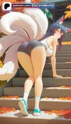 1girls 2026 ahri ai_generated animal_ear_fluff animal_ears arm_support artist_name ass autumn_leaves big_breasts black_hair blush breasts bust chest electroworld facial_markings female female_only fire fox_ears fox_girl fox_tail from_behind high_quality kneesocks league_of_legends leaning leaning_forward long_hair looking_back multiple_tails outdoors patreon patreon_username riot_games shoes shorts sideboob sneakers socks solo stable_diffusion stairs tail tails watermark white_socks yellow_eyes